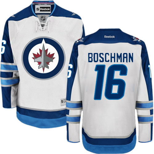 Mens Reebok Winnipeg Jets 16 Laurie Boschman Authentic White Away NHL Jersey